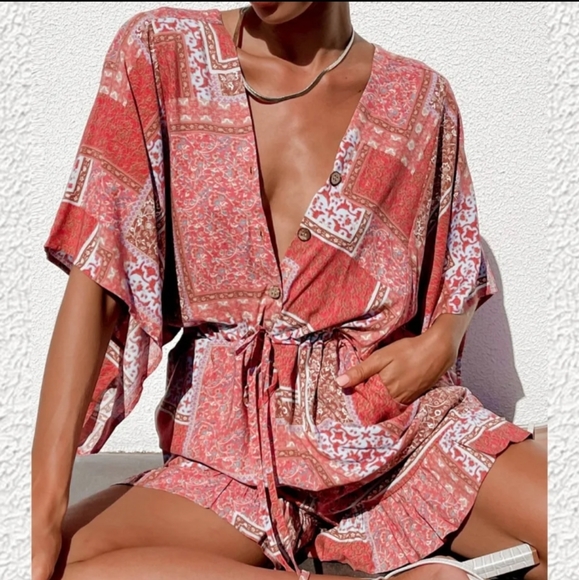 Pants - S or XL Bohemian Vibes Deep V Beautiful floral Flutter Sleeve Romper